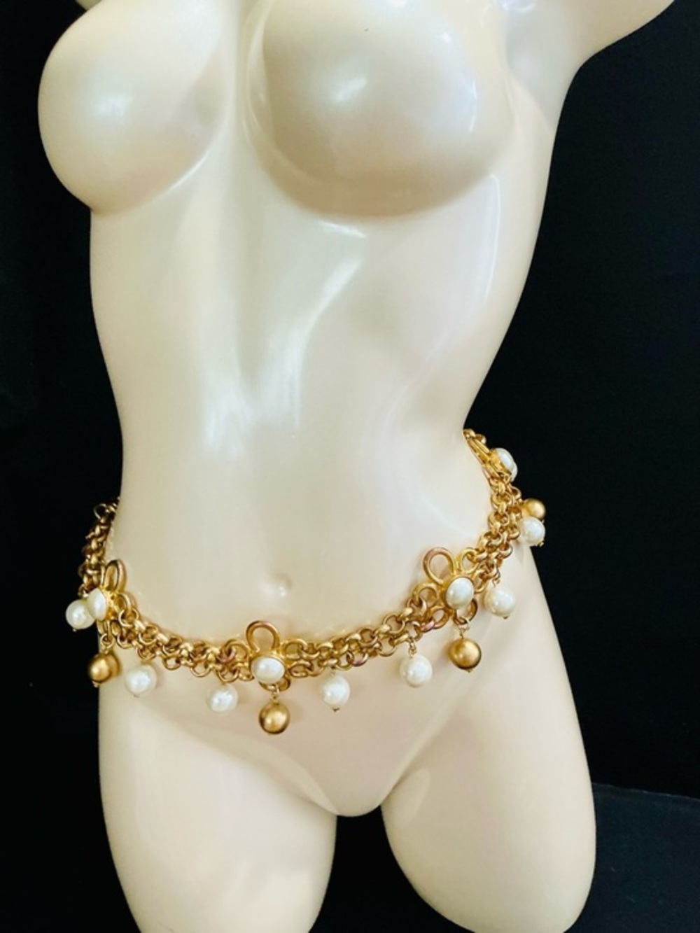 VTG 90s The Limited Gold & White Chunky Pearl Drop Charm Chain Waist HEAVY BELT